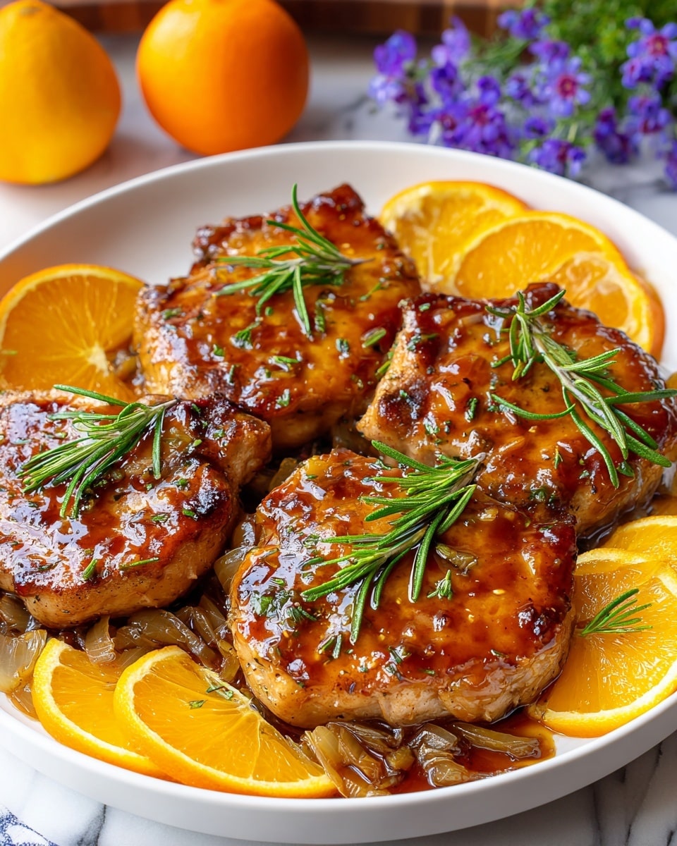 A white plate holds four golden-brown glazed pork chops, each topped with a small sprig of fresh green rosemary. The pork chops have a shiny, sticky sauce coating, with some caramelized edges and slices of cooked onions underneath them. Surrounding the pork chops are several bright orange slices placed around the edges of the plate, adding a fresh and colorful contrast. The plate is set on a white marbled surface with a few whole oranges and purple flowers faintly visible in the background. Photo taken with an iphone --ar 4:5 --v 7