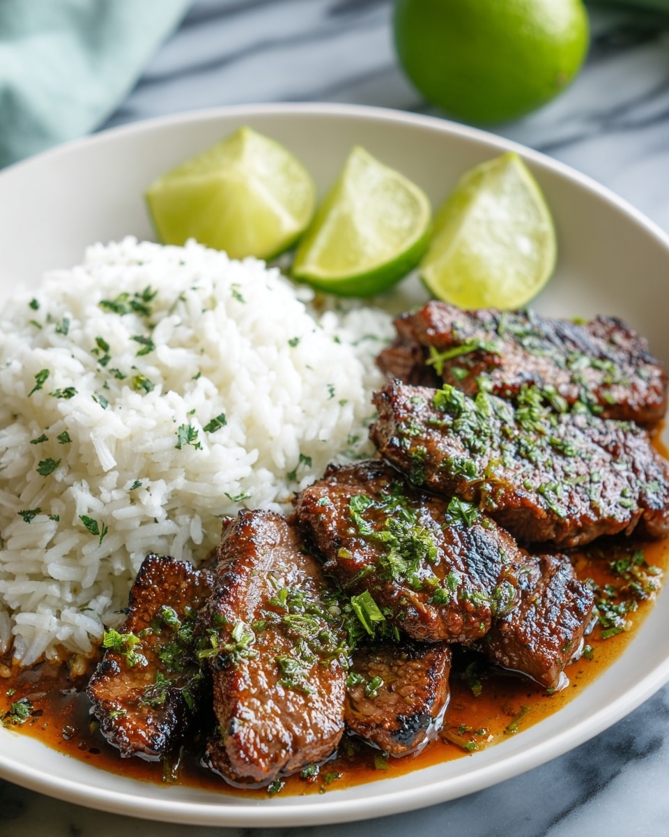 A white plate holds two main layers: on the left side there is a fluffy mound of white rice mixed with small green herb pieces, and on the right side there are several pieces of grilled meat glazed with a shiny brown sauce, garnished with finely chopped green herbs. At the back of the rice, three thin lime slices are arranged slightly overlapping each other, adding a fresh green contrast. The plate is set on a white marbled surface, with a blurred whole lime in the background. photo taken with an iphone --ar 4:5 --v 7