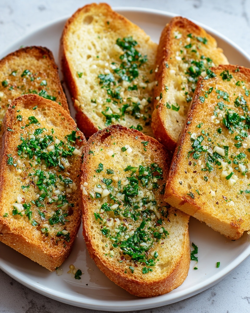 A white plate holds five thick slices of toasted bread, each piece showing a golden brown crust around the edges and a crunchy texture. The top of each slice has a spread made of finely chopped green herbs, likely parsley, mixed with small white bits of garlic and melted butter, giving a shiny, slightly oily look. The bread itself is light yellow inside with a soft crumb texture, contrasting with the crispy toasted surface. The background is a white marbled texture, adding a clean and simple feel to the image. Photo taken with an iphone --ar 4:5 --v 7
