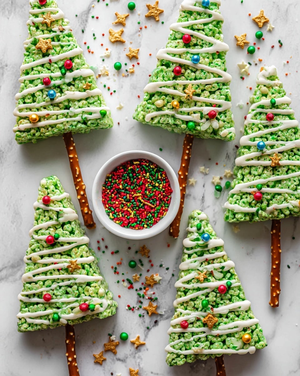 The image shows six green Christmas tree-shaped treats made from crispy rice cereal, each topped with a thin white drizzle that wraps around like garland. The trees have colorful round and star-shaped sprinkles in red, gold, blue, and green scattered on top, resembling ornaments. Each tree stands upright supported by a brown pretzel stick acting as the trunk. In the center of the image, there is a small white bowl filled with red, green, and gold sprinkles. The treats and bowl rest on a white marbled surface, with more sprinkles scattered around for decoration. photo taken with an iphone --ar 4:5 --v 7