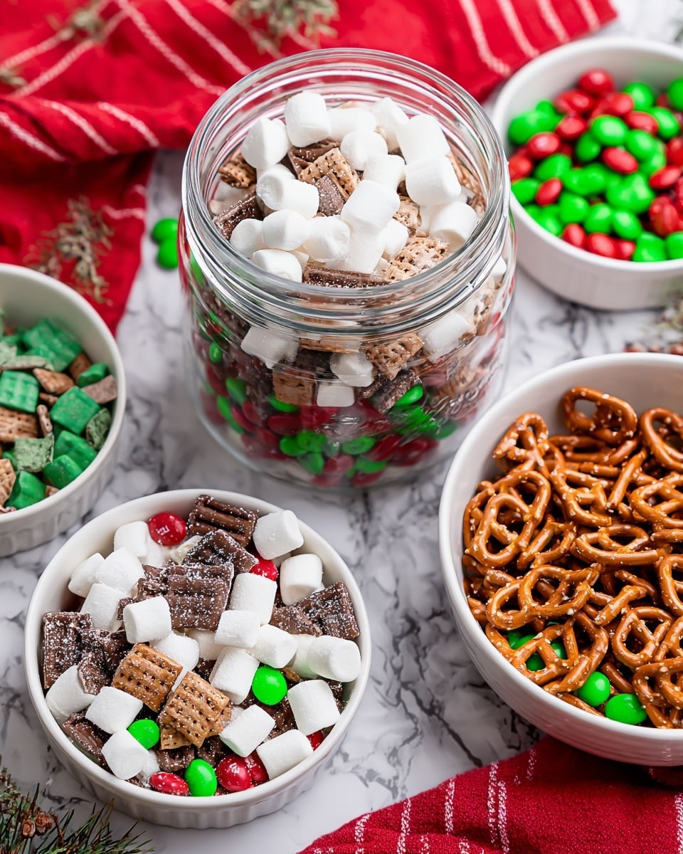 The image shows a clear jar filled with a mix of small white marshmallows, green and red candy-coated chocolates, small brown pretzels, and square chocolate pieces dusted with powdered sugar. Next to the jar, there are three white bowls: one with green and red candy-coated chocolates, one with small pretzels, and one with the snack mix containing all ingredients. The snack mix in the bowl has visible layers with the brown pretzels spread evenly across the top, white marshmallows scattered throughout, green and red candies mixed in, and the chocolate squares placed randomly. The scenes are set on a surface with white marbled texture, and a red cloth with white lines is partially visible. Photo taken with an iphone --ar 4:5 --v 7