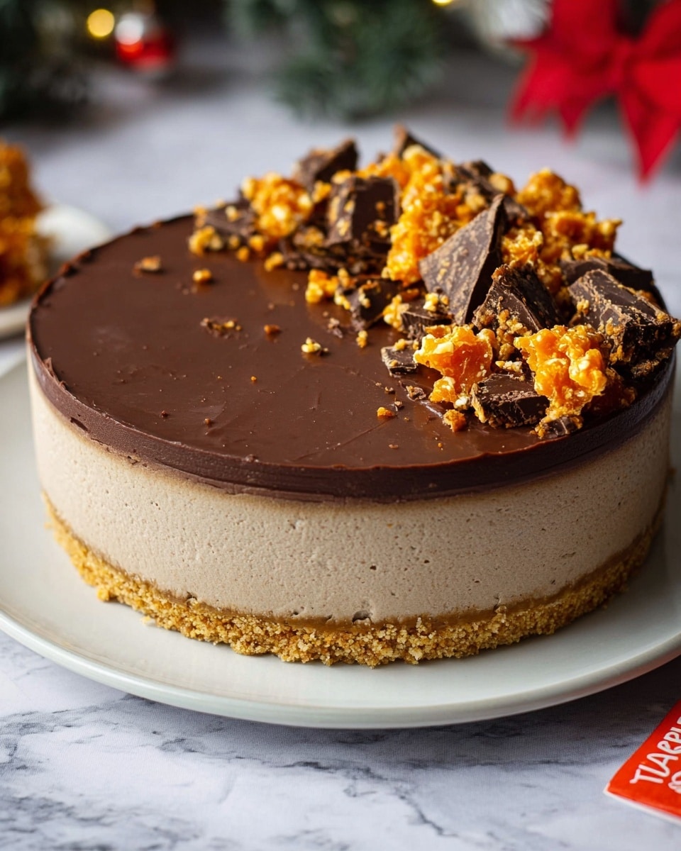The image shows a three-layer round dessert placed on a white plate set on a white marbled surface. The bottom layer is a crumbly, golden-brown crust that looks firm and slightly textured. The middle layer is thick and smooth with a light brown creamy texture, covering the whole cake evenly. The top layer is a glossy, dark chocolate-colored ganache, evenly spread with small bits that add some texture. On one side of the top, there are uneven pieces of dark chocolate chunks mixed with crunchy, bright orange honeycomb candy scattered as decoration. The background includes some blurred out holiday-themed decorations. photo taken with an iphone --ar 4:5 --v 7