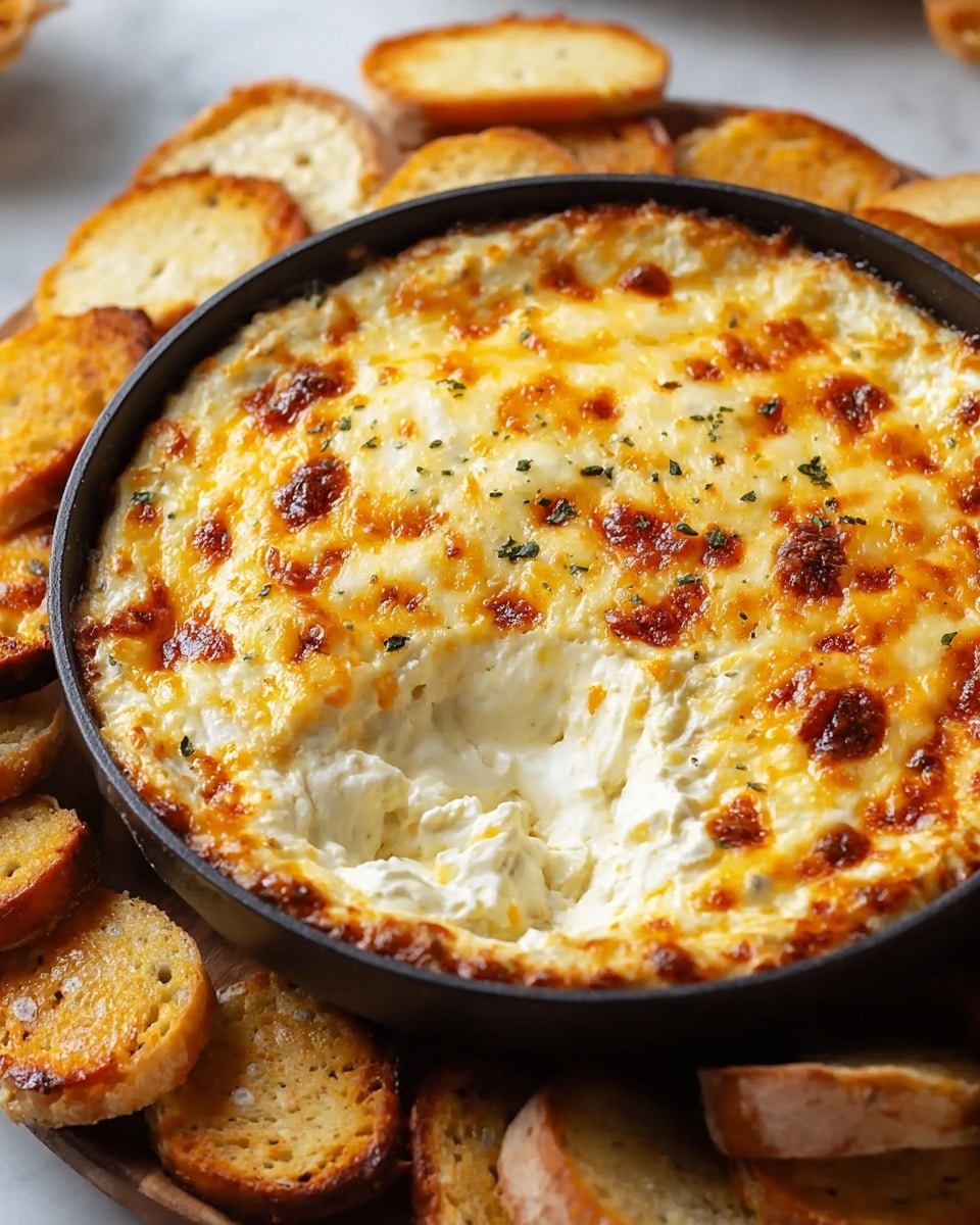 A round black dish filled with a creamy baked cheese dip that has a golden-brown melted cheese layer on top with some browned spots, and a soft, thick white creamy layer visible in the center where some of the cheese has been scooped out; the dish is surrounded by toasted bread pieces and crackers on a white marbled surface. Photo taken with an iphone --ar 4:5 --v 7