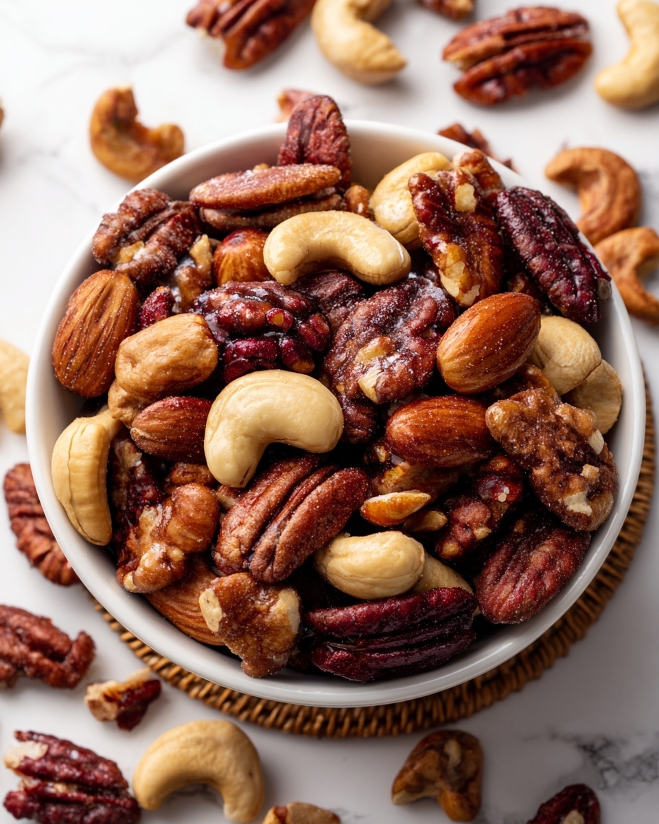 A white bowl filled with a mix of roasted nuts including pecans, cashews, almonds, and walnuts, all with a shiny, crispy texture. The bowl sits on a woven coaster with some nuts spilled around it, showing a mix of deep brown, light tan, and reddish nut colors and rough, crunchy surfaces. The background is a white marbled texture. photo taken with an iphone --ar 4:5 --v 7