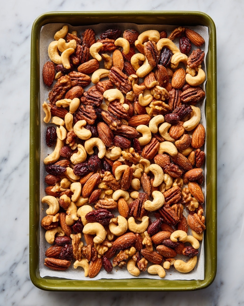 A rectangular green baking tray with white parchment paper holds a single layer of mixed nuts spread evenly across the surface. The nuts include brown pecans, light tan cashews, deep reddish-brown almonds, and light brown walnut halves, all lightly toasted with a slightly shiny texture that suggests a light coating of oil or seasoning. The tray sits on a white marbled surface, giving the image a clean and bright look. photo taken with an iphone --ar 4:5 --v 7