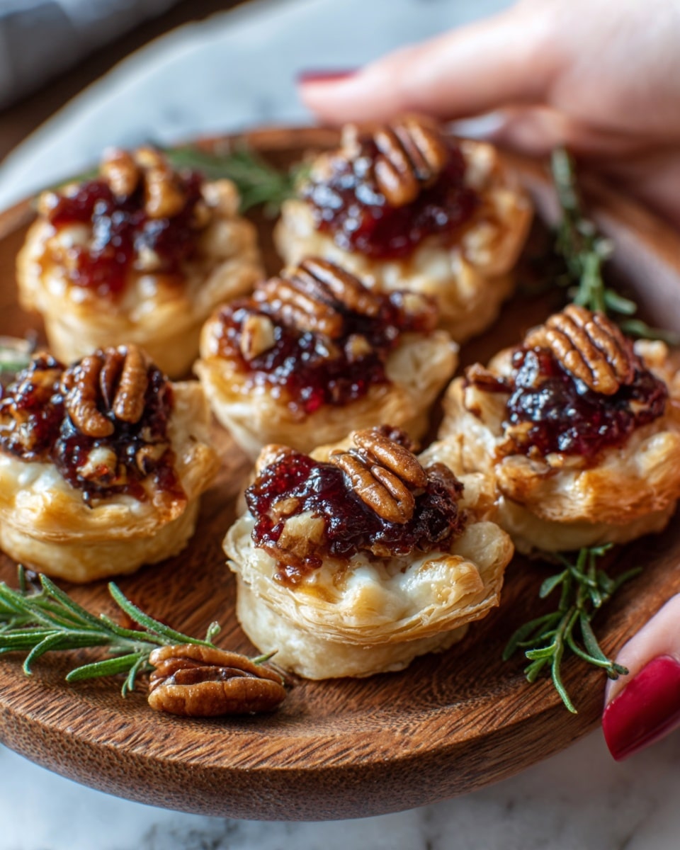 A close-up image shows six round puff pastry appetizers arranged on a wooden plate held by a woman's hand. Each pastry has three visible layers of golden, flaky crust. On top, a creamy white layer is spread, followed by a dollop of deep red jam. The red jam is topped with whole glazed pecans and small green rosemary sprigs, adding texture and color contrast. The background surface is white with a marbled texture. Photo taken with an iphone --ar 4:5 --v 7