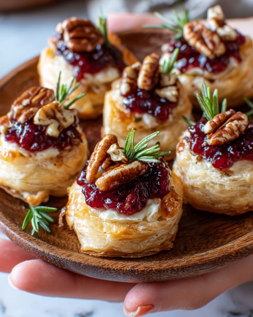 A wooden round plate holds seven small puff pastry tarts arranged close together, each tart having three layers: the bottom flaky golden-brown pastry, a middle creamy white layer, and a top layer of dark red jam with a few glossy whole pecans placed on it. Small green rosemary sprigs are scattered around the tarts for decoration. A woman's hand is gently holding the edge of the plate. The background is a white marbled texture. Photo taken with an iphone --ar 4:5 --v 7