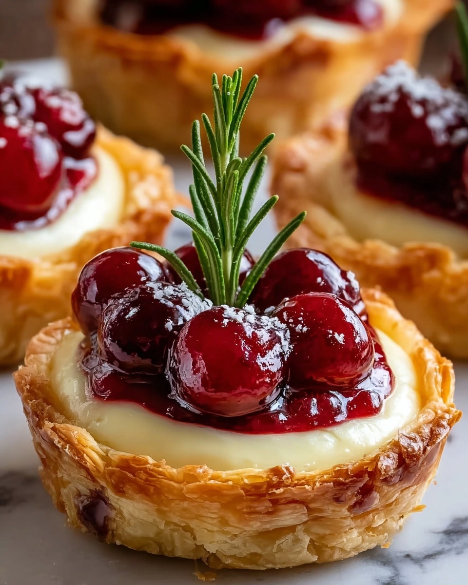 A close-up of a small round tart with three visible layers: the base is a golden-brown flaky pastry crust with a crispy texture and slightly uneven edges, the middle layer is smooth, creamy, and pale yellow filling, and the top layer is a glossy, deep red cherry topping with whole cherries covered in syrup, crowned with a fresh green sprig of rosemary standing upright in the center; the tart rests on a white marbled surface with blurred similar tarts in the background. photo taken with an iphone --ar 4:5 --v 7