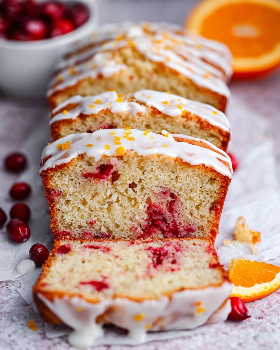 The image shows a close-up of stacked square pieces of light beige cake with small bright red bits mixed inside, giving a textured look. There are at least two visible layers of cake with a thick layer of white frosting in between, which has small orange pieces sprinkled on its surface. The top piece of cake has a bite taken out, showing a soft and moist texture with scattered red bits inside. The whole stack rests on a white marbled surface with a sliced orange partially visible in the background. photo taken with an iphone --ar 4:5 --v 7
