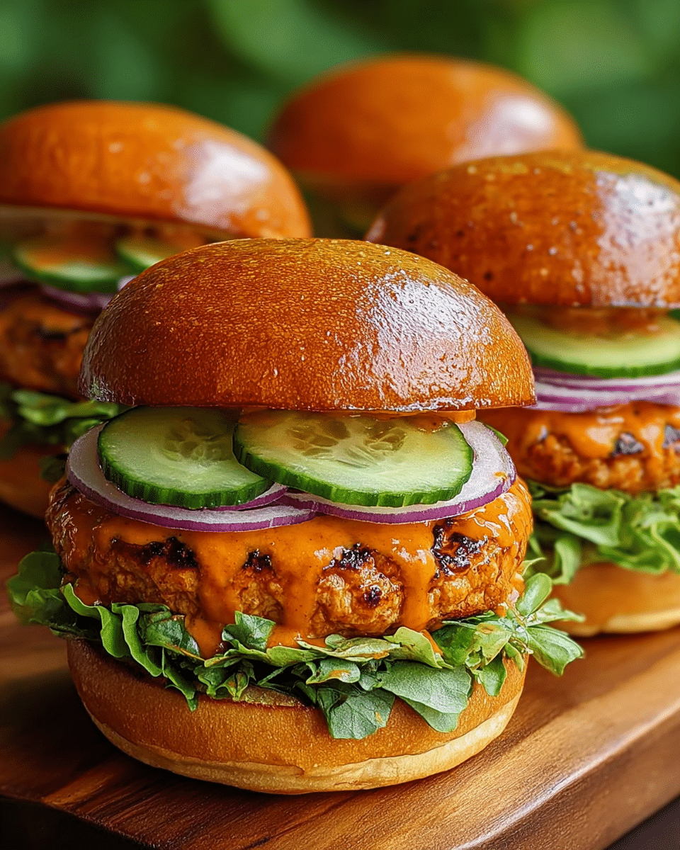This image shows three fresh chicken burgers on a wooden board with a green leaf background. Each burger has five visible layers: a shiny orange-brown top bun with sauce, bright green cucumber slices just below it, a thick grilled chicken patty covered in orange sauce, fresh green leaf lettuce, thin purple onion rings, and at the bottom, a toasted golden-brown bun. The burgers are stacked neatly and look juicy and flavorful. Photo taken with an iphone --ar 4:5 --v 7