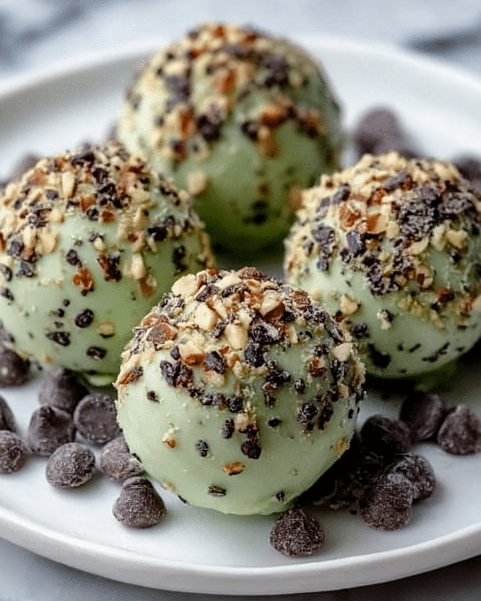 The image shows five round truffles covered in a pale green coating. Each truffle is sprinkled with small pieces of chopped nuts and dark chocolate chips, creating a textured surface with green, brown, and dark brown colors. They sit on a white plate with extra dark chocolate chips around them. The background has a white marbled texture. photo taken with an iphone --ar 4:5 --v 7