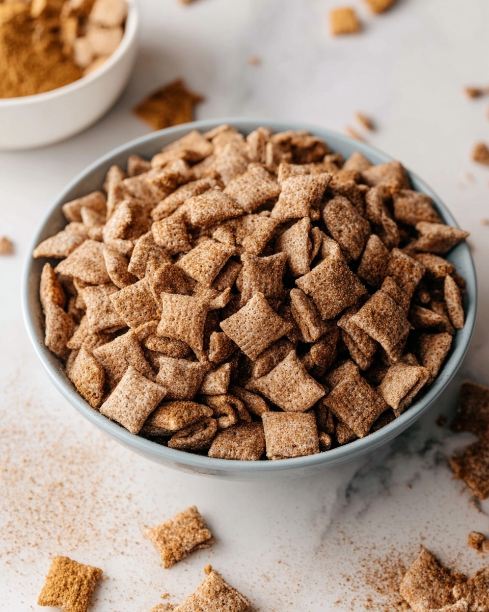 A large white bowl is filled with many small, square cereal pieces that have a rough texture and a light brown color sprinkled with darker cinnamon specks. The cereal pieces are piled high, covering the entire bowl with some pieces spilling over the edge onto a white marbled surface. In the blurred background, part of a white bowl filled with more cinnamon powder and broken cereal pieces is visible. The overall scene is bright and close-up, focusing clearly on the detailed texture of the cereal in the bowl. photo taken with an iphone --ar 4:5 --v 7