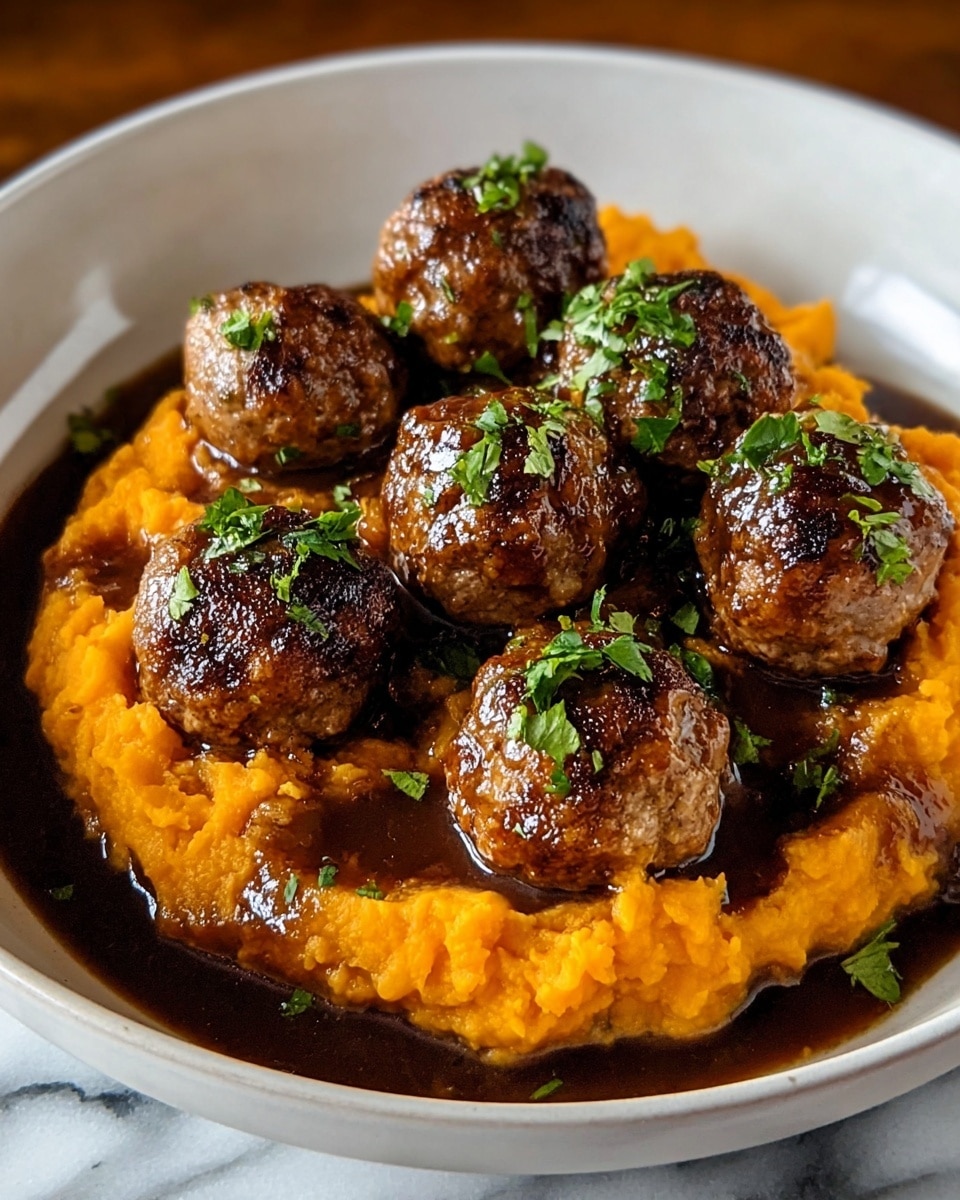 The dish is served in a white bowl with a smooth surface. The bottom layer is bright orange mashed sweet potatoes spread evenly, with a slightly coarse texture. On top of this, there are seven brown, round meatballs with a crispy, browned exterior. They are coated lightly with glossy dark brown gravy that pools around the edges of the sweet potatoes. Fresh green chopped herbs are sprinkled over the meatballs, adding a touch of color contrast. The photo is set on a white marbled surface. Photo taken with an iphone --ar 4:5 --v 7
