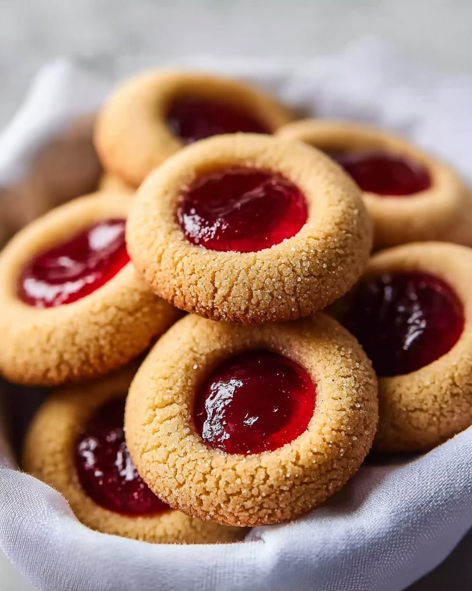 A close-up of a group of round cookies with a golden brown, soft texture, each having a shiny, deep red jam center. The cookies are stacked and placed inside a white cloth-lined white bowl, all set on a white marbled surface. The jam looks smooth and slightly glossy, contrasting with the matte, crumbly outer cookie layer, giving a rich and inviting look. photo taken with an iphone --ar 4:5 --v 7