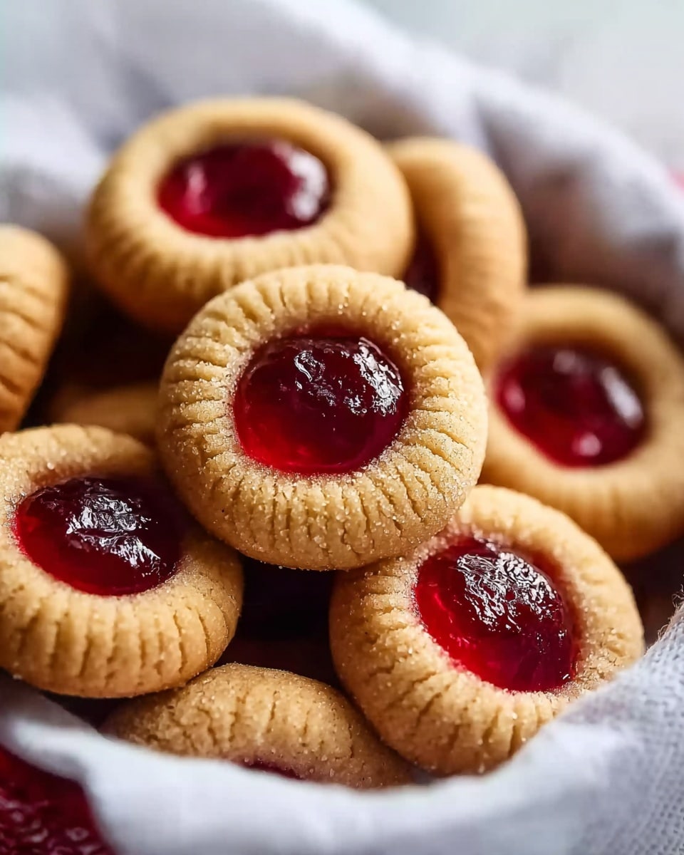 A close-up view of a pile of small round cookies with a golden-brown color and soft texture. Each cookie has a shallow indented center filled with a shiny, deep red jelly that looks smooth and slightly sticky. The cookies are stacked closely together inside a container lined with white cloth. The background shows a white marbled texture. photo taken with an iphone --ar 4:5 --v 7