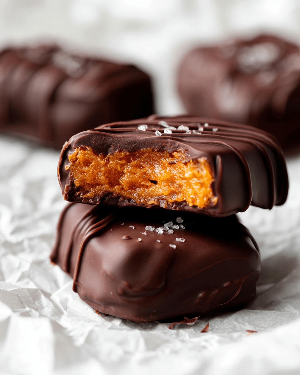 The image shows two small rectangular chocolate-covered treats stacked on a white crinkled surface with a white marbled texture. The bottom treat has a smooth, glossy dark brown chocolate shell with thin lines drizzled on top and sprinkled with a few coarse salt grains. The top treat is bitten, revealing an inner layer of bright orange, textured filling that looks moist and fibrous, surrounded by a thick and slightly rough dark chocolate coating. The background is softly blurred, highlighting the texture and color contrast of the front treats. photo taken with an iphone --ar 4:5 --v 7