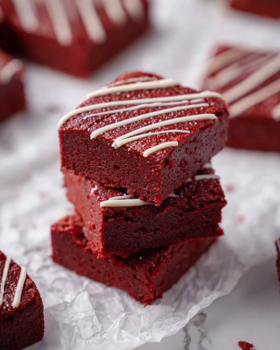 The image shows a stack of three square, deep red brownies with a slightly rough texture. Each brownie has thin white lines drizzled diagonally on top, creating a simple decorative pattern. The stack sits on a piece of crinkled white paper placed on a white marbled surface. Around the stack, there are more brownies, some blurred in the background. The scene has soft natural light, highlighting the rich red color and the contrast of the white drizzle. Photo taken with an iphone --ar 4:5 --v 7
