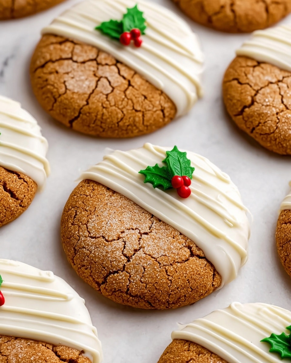 Round cookies with a light brown cracked texture cover about half of each cookie. The other half is dipped in smooth white icing, topped with thin zigzag lines of white icing. A small decoration of two green holly leaves and a red berry sits near the top edge of the white icing on each cookie. These cookies are placed on a white marbled surface. photo taken with an iphone --ar 4:5 --v 7