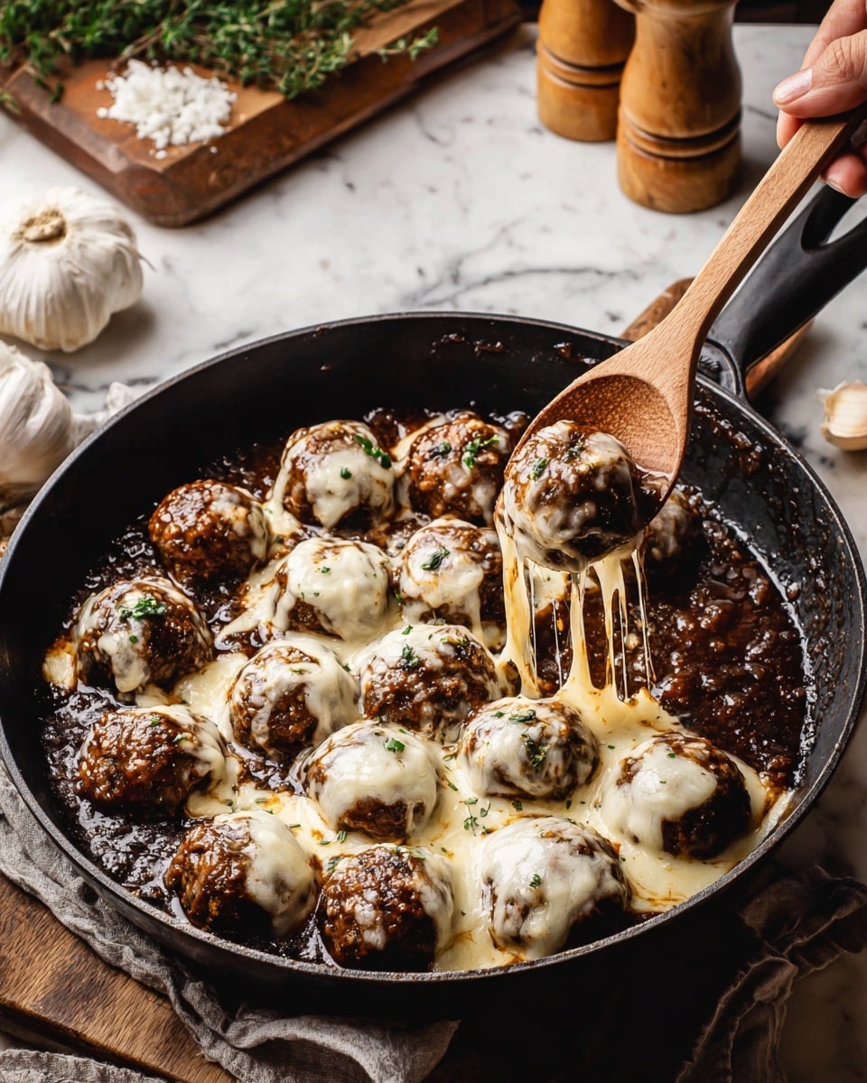 A black pan holds about a dozen round meatballs cooked in dark brown sauce, some of which are covered with melted white cheese that looks stretchy and creamy. The meatballs are evenly spread, some fully covered in cheese that drips down the sides, while others have only a small amount on top. A woman's hand is lifting one meatball with a wooden spoon, showing the thick sauce dripping from it. The background includes a wooden cutting board, a garlic bulb, green herbs, and a pepper grinder, all set on a white marbled surface. photo taken with an iphone --ar 4:5 --v 7