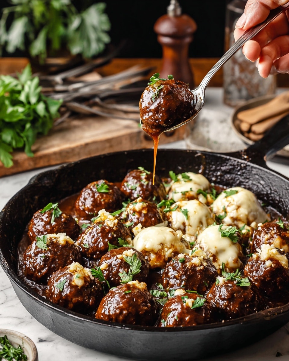 A black skillet filled with two types of meatballs arranged in two rows; the front row shows dark brown, glossy meatballs covered in rich brown sauce, while the back row has meatballs topped with melted, slightly browned white cheese. Small green parsley leaves are scattered between the meatballs as garnish. A woman's hand holds a spoon picking up one dark brown meatball, dripping with sauce. The background features some greenery and kitchen utensils, all set on a white marbled texture. photo taken with an iphone --ar 4:5 --v 7