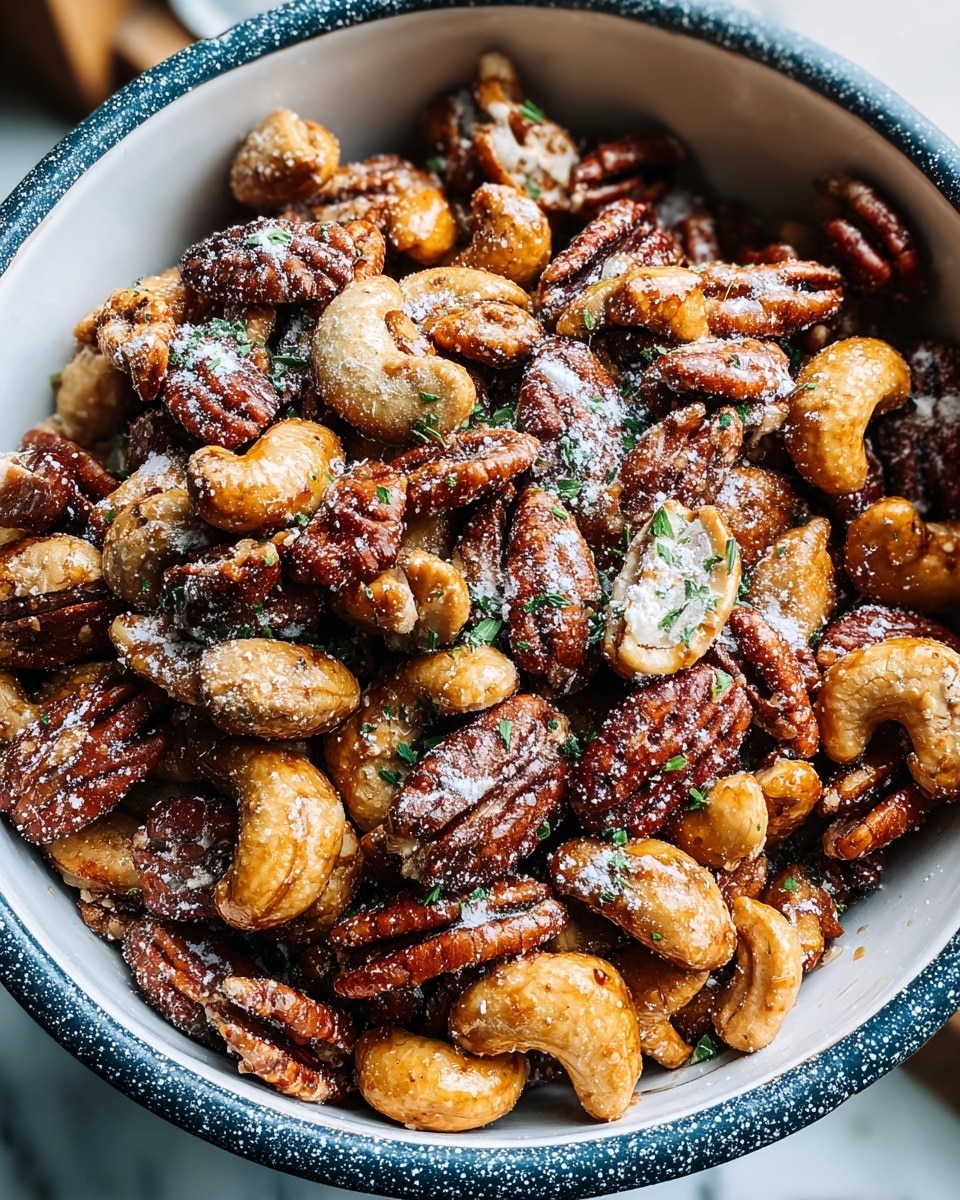 A close-up view of a bowl filled with a mix of roasted nuts including cashews, pecans, and macadamia nuts, all coated in a glossy layer of caramelized sugar giving a golden brown shine. The nuts are sprinkled unevenly with a dusting of white powdered sugar and small bits of green herbs scattered throughout, adding a touch of color and freshness. The bowl itself is white with a speckled dark rim, holding the warm-toned nuts snugly. The background shows a white marbled surface subtly blurred, emphasizing the bowl’s textured and crunchy contents. photo taken with an iphone --ar 4:5 --v 7