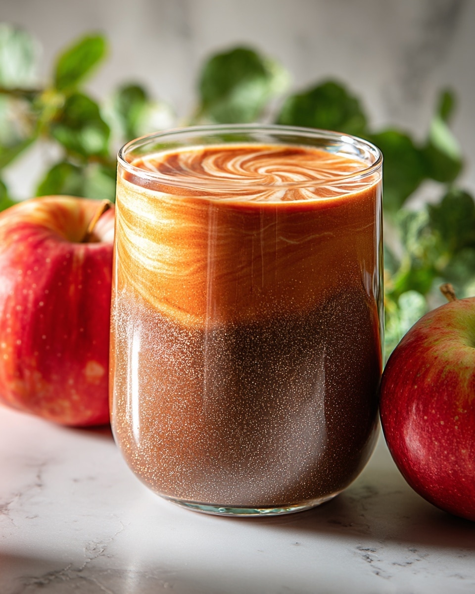 A clear glass filled with a two-layer smoothie showing a thick swirl pattern inside, the top layer is bright orange and the bottom layer is a dark brown shade with a shimmering effect, sitting on a white marbled surface. Two fresh red apples with light green patches are placed on either side of the glass, with some green leaves blurred in the background. The light shines softly on the glass, highlighting its smooth texture and the swirling colors inside. photo taken with an iphone --ar 4:5 --v 7