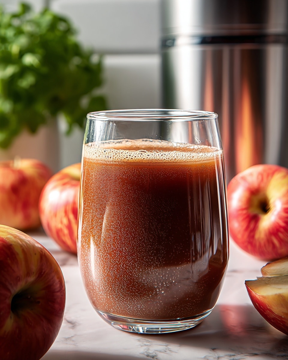 The image shows a clear glass filled with a rich, deep brown apple juice with a slightly frothy texture on top, small bubbles visible throughout the liquid. The glass is placed on a white marbled surface, surrounded by fresh red apples with touches of yellow and green. In the background, slightly blurred, there is a shiny metallic container or juicer reflecting light softly, adding to the natural kitchen setting with green leafy plants and a white tiled wall. photo taken with an iphone --ar 4:5 --v 7