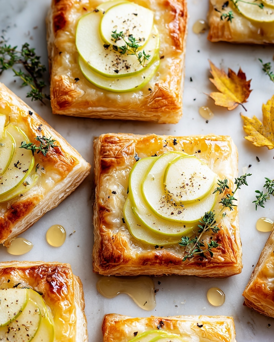 The image shows six square-shaped pastries arranged closely on a white marbled surface. Each pastry has multiple golden-brown flaky layers with slightly crisp edges. On top of each, a round slice of pale yellow and green apple rests, partially overlapping a smooth, creamy light-yellow cheese layer beneath. Small sprigs of green thyme and a sprinkle of ground black pepper are delicately placed over the apples. The pastries are drizzled with a shiny, amber-colored honey or syrup that pools slightly on the surface and pastry edges. Fall leaves in yellow and brown hues are scattered subtly near the edges of the frame, enhancing the autumn feel. Photo taken with an iphone --ar 4:5 --v 7