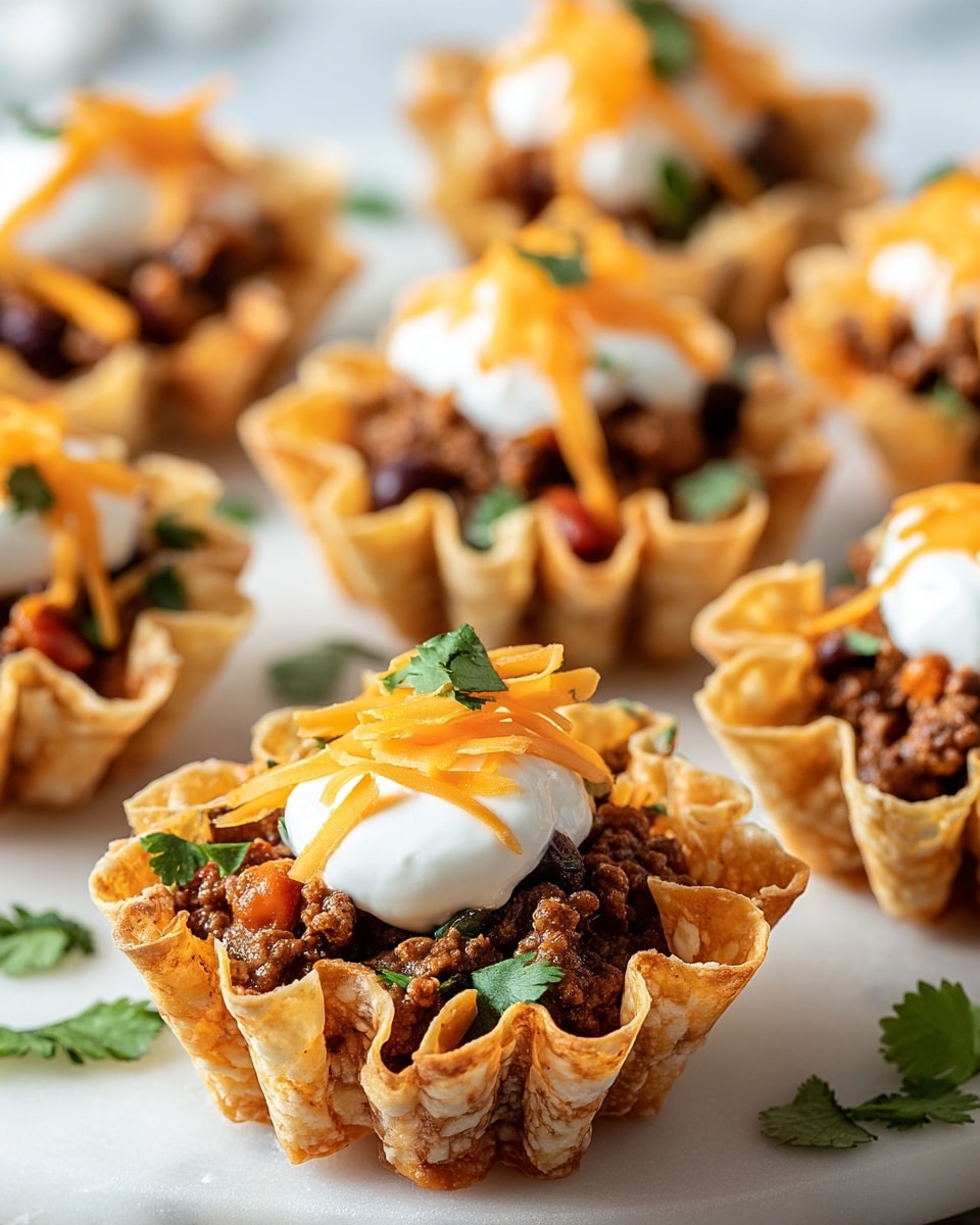 A group of small taco cups arranged on a white marbled surface, each cup made from a golden-brown crispy shell shaped like a flower with ruffled edges; inside, the first layer is filled with dark brown seasoned ground meat mixed with bits of red beans, topped with a dollop of thick white sour cream in the center; scattered shredded bright orange cheddar cheese is placed on top of the sour cream and meat; small green cilantro leaves are sprinkled inside the cups and around them on the white marbled surface; the taco cups are close to each other, filling the scene; photo taken with an iphone --ar 4:5 --v 7