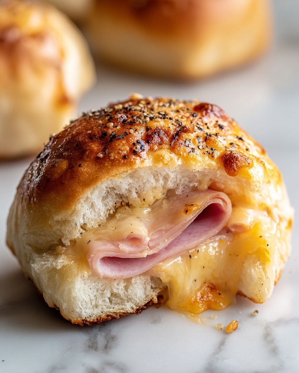 A soft, golden-brown bread roll with a slightly shiny, toasted top sprinkled with black pepper and small browned cheese spots is shown in close-up. The roll is cut open to reveal two main layers inside: a thin, folded pink layer of ham and a thick, melted cheddar cheese layer with a creamy, slightly stringy texture that oozes slightly out of the roll. The bread looks tender and fluffy with a pale white inside. The roll sits on a white marbled surface, with a blurred second roll in the background. Photo taken with an iphone --ar 4:5 --v 7