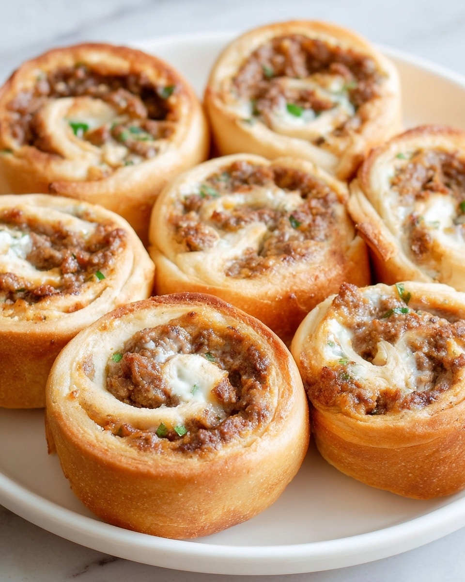 The image shows seven round pinwheel-shaped pastries arranged closely on a white plate over a white marbled surface. Each pastry has two main layers: a golden-brown soft outer dough with a slightly shiny baked texture, and an inner spiral filling that looks creamy and chunky with a mix of light beige and brown colors, likely from ground meat and cheese. The filling also has small hints of green, suggesting some finely chopped herbs or vegetables. The pastries are evenly sized and thick, about an inch or more in height, with the spiral pattern clearly visible from above. Photo taken with an iphone --ar 4:5 --v 7