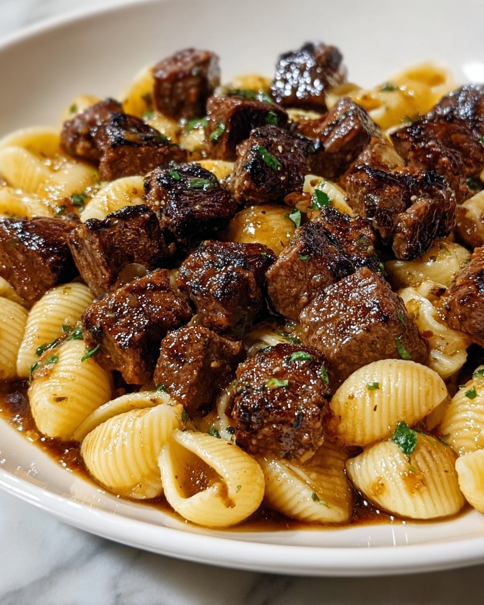 A close-up of a white plate filled with two main layers: the bottom layer is a creamy, slightly glossy pasta with a ribbed texture and light yellow color, while the top layer consists of several small, evenly browned cubes of seared beef, sprinkled with finely chopped green herbs and cracked black pepper, all sitting on a shiny sauce that pools slightly around the edges. The dish is set on a white marbled surface. photo taken with an iphone --ar 4:5 --v 7