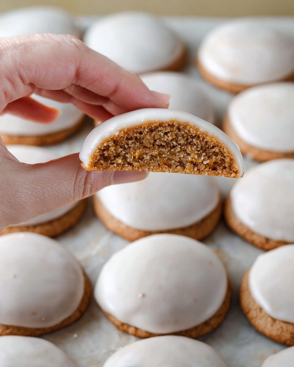 A close-up view of a pile of round cookies with a smooth, pale white icing coating. One cookie is broken in half on top, revealing a soft, light brown inside with a slightly crumbly texture. The cookies rest on a white plate with a subtle pattern, placed on a white marbled surface in soft natural light. Photo taken with an iphone --ar 4:5 --v 7