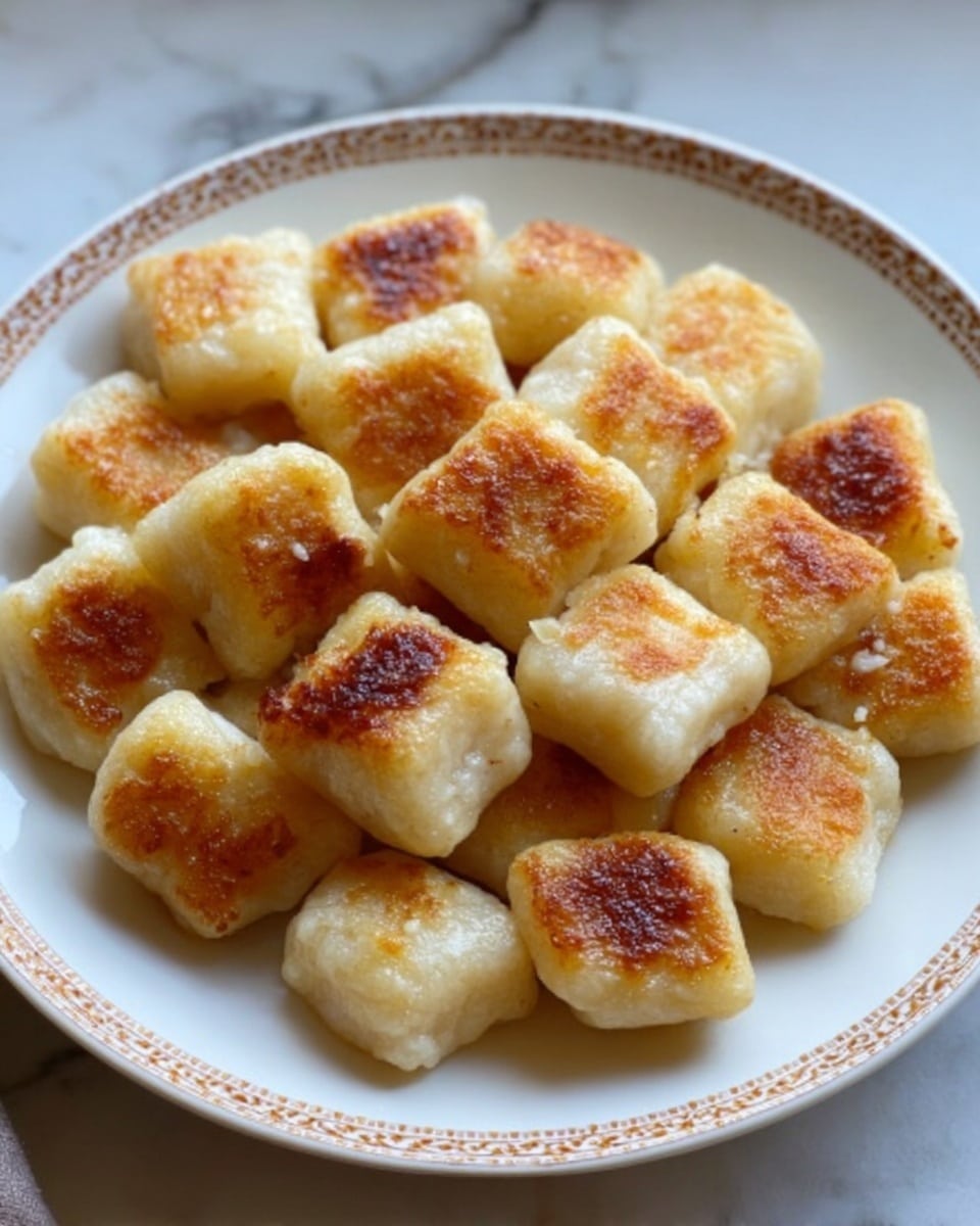 The image shows a close-up of a white plate filled with golden-brown gnocchi. Each gnocchi piece has a slightly browned crispy top with a soft, smooth, and slightly glossy texture underneath. The gnocchi are piled tightly in the center of the plate, some overlapping each other. The plate has a subtle decorative edge and sits on a white marbled surface. photo taken with an iphone --ar 4:5 --v 7