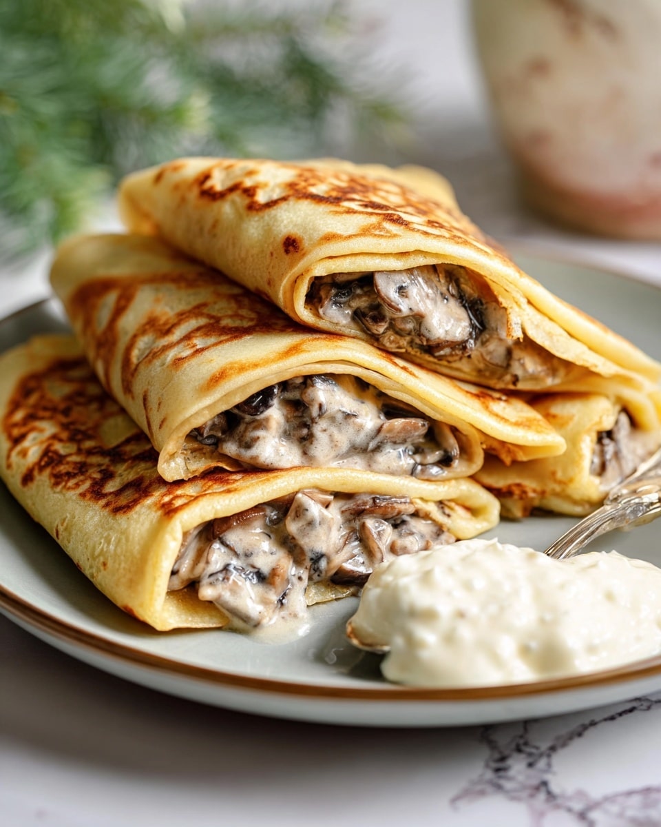 A white plate holds six folded crepes with a light golden color and dark brown spots on the surface, arranged in a neat pile. One crepe is cut in half and placed on top, revealing a filling of finely chopped, cooked mushrooms with a grayish-brown color and soft texture inside the thin crepe layers. A silver spoon with a small dollop of white sour cream rests in front of the crepes on the plate. The plate sits on a white marbled surface with a soft white cloth nearby, and blurred fork and knife are visible in the background. Photo taken with an iphone --ar 4:5 --v 7