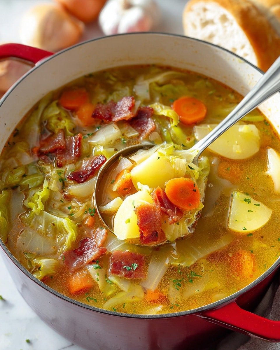 A close-up view of a thick soup presented in a white enameled pot with red handles, filled with several layers including golden-yellow potato chunks, bright orange carrot slices, light green cabbage pieces, and slightly crispy reddish-brown bacon bits scattered on top; the broth is clear but rich with a warm golden color, showing small flecks of green herbs floating. A metal spoon is inserted into the soup, holding a potato piece near the right side of the pot, all arranged on a white marbled surface with blurred background elements including a sliced bread roll and a garlic bulb. photo taken with an iphone --ar 4:5 --v 7
