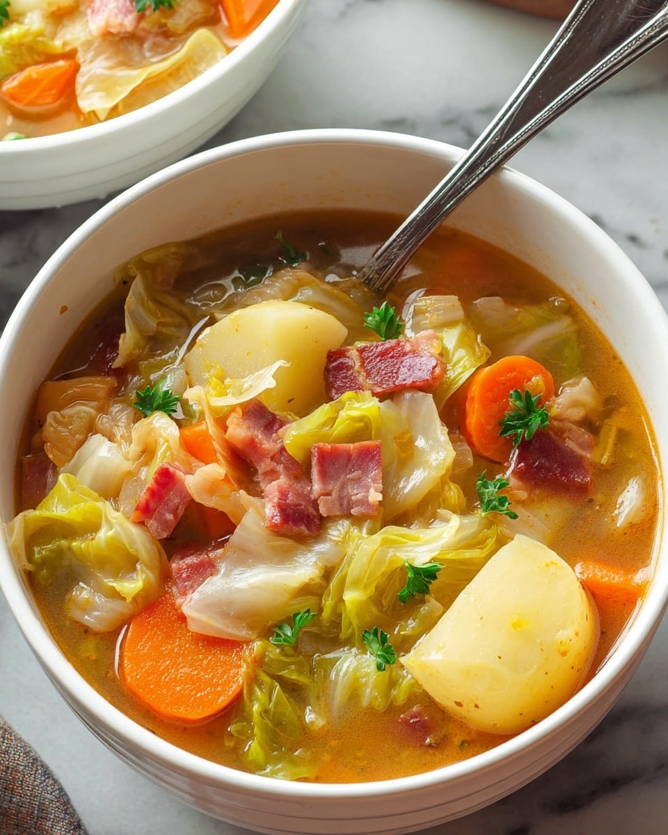 A white bowl filled with a rich soup showing multiple layers: a base of brownish broth, floating pieces of orange carrot slices, pale yellow potato slices, and light green cabbage leaves. There are also bright red pieces of ham mixed throughout, with a few green parsley leaves on top. A silver spoon is placed inside the bowl, resting on the right side with part of a potato on it. The bowl sits on a white marbled surface next to another similar bowl that is partly visible in the background. photo taken with an iphone --ar 4:5 --v 7