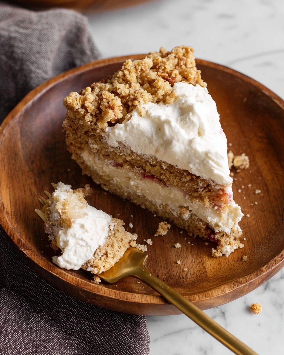 A slice of crumb apple pie sits on a round wooden plate, showing three layers: a light brown crumbly topping, a middle layer with red specks of fruit and soft sliced apples, and a golden crust at the bottom; a dollop of white whipped cream is placed on top. In the background, the rest of the pie with a missing piece is on a wooden board, surrounded by red and yellow apples, a green ceramic pitcher, and a lit candle in a rustic holder, all against a white marbled surface. Photo taken with an iphone --ar 4:5 --v 7