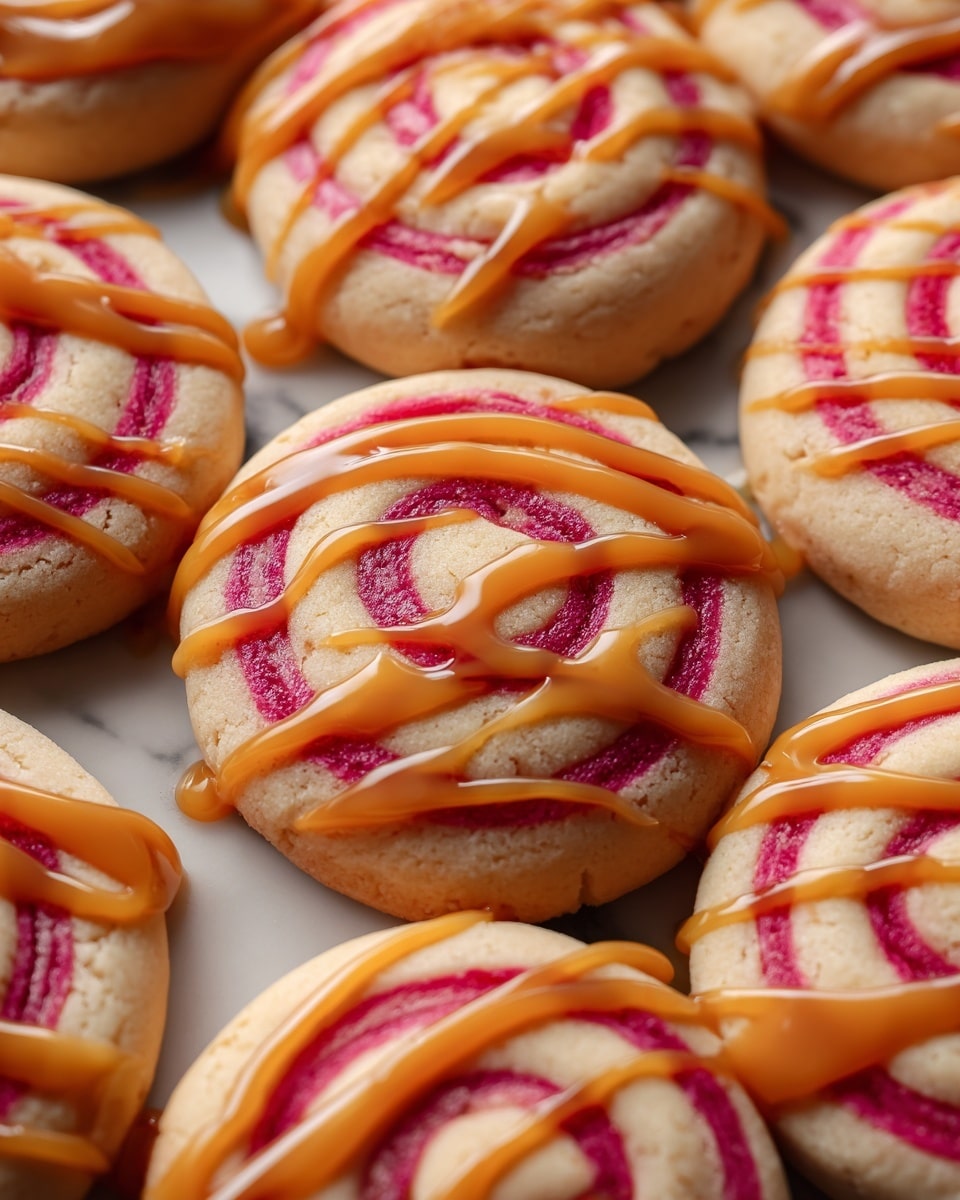 The image shows a group of round, swirl-patterned cookies on a white plate. Each cookie has two main layers: a smooth base layer of light beige dough and a thick, bright red swirl starting from the center and going outward. Over the top of the swirls, there are thin lines of shiny amber caramel drizzled in a crisscross pattern. The cookies look soft and glossy with a slightly raised texture. In the blurred background, more cookies are stacked on a white cake stand with warm candlelight and dark shelves behind. The setting is cozy with a white marbled surface under the plate. photo taken with an iphone --ar 4:5 --v 7