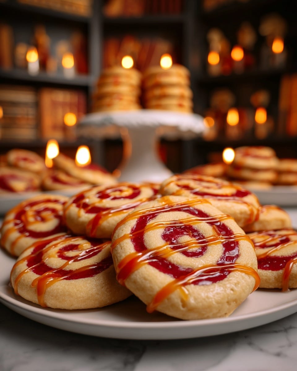 The image shows several round cookies with a spiral pattern made of two layers: a light beige base and a pinkish-red swirl going from the center to the edges. Each cookie is topped with a smooth, glossy drizzle of caramel in a zigzag pattern, with some caramel pooling in the center of the spiral. The cookies have a soft and slightly puffy texture, and they are placed closely together on a white marbled surface. The photo is taken up close to show the details of the cookies' surface and colors, with natural light highlighting their textures and glossy caramel. photo taken with an iphone --ar 4:5 --v 7