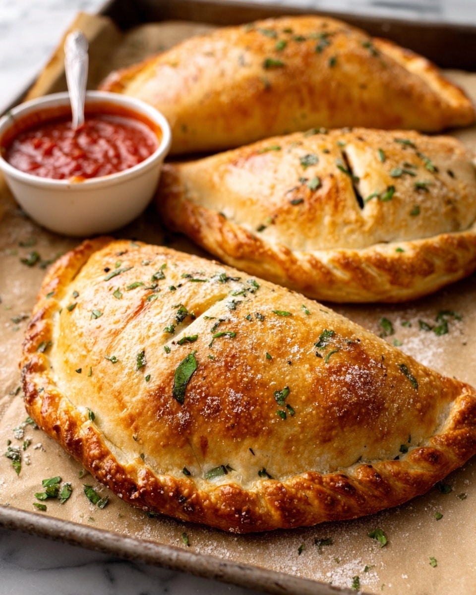 The image shows three golden brown calzones on a baking tray lined with parchment paper, placed on a white marbled surface. Each calzone has a slightly shiny, crispy crust with a few small slits on top, sprinkled with green herbs, and a light dusting of flour. In the background, there is a small white bowl filled with red marinara sauce, with a spoon inside. The warm, baked edges and soft, flaky dough texture are clearly visible, creating an inviting look. Photo taken with an iphone --ar 4:5 --v 7