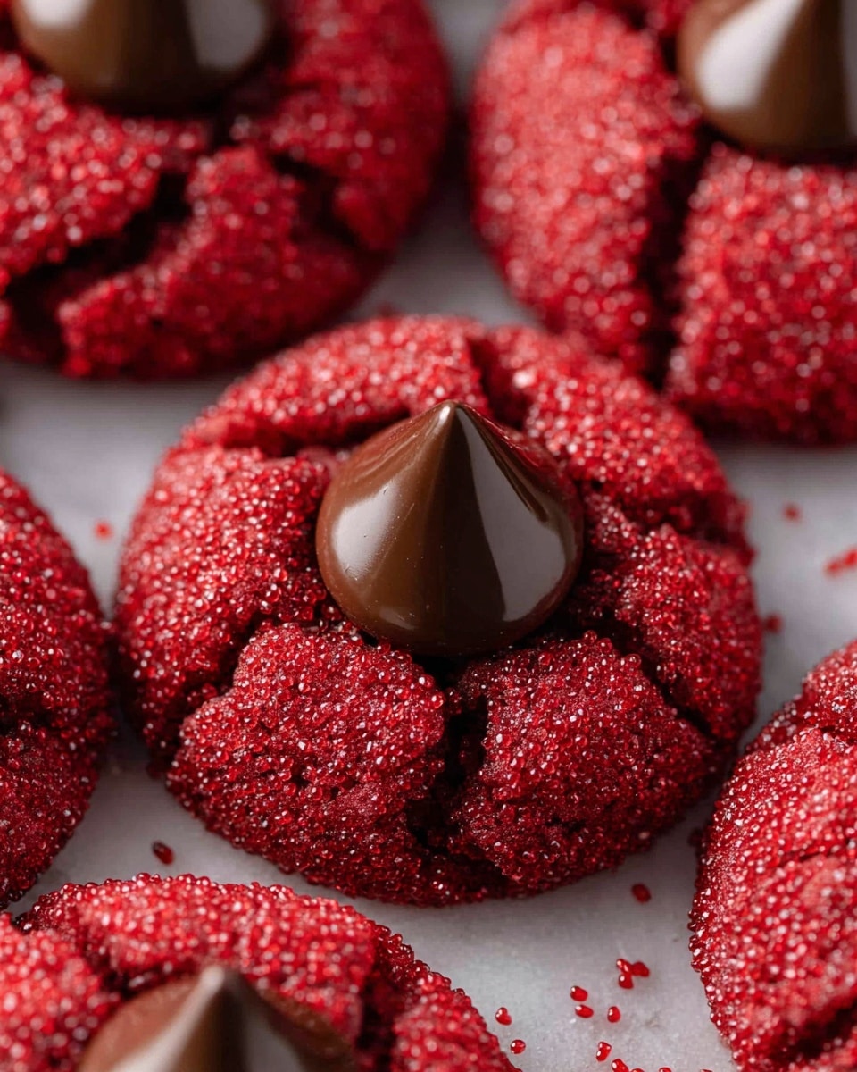 The image shows close-up red cookies with a cracked surface covered in coarse red sugar crystals. Each cookie has one smooth, shiny, dark brown chocolate drop in the middle that stands tall with a point. The cookies are arranged closely together on a white marbled surface, and the red sugar sparkle contrasts with the deep chocolate color, making a bright and rich look. Photo taken with an iphone --ar 4:5 --v 7