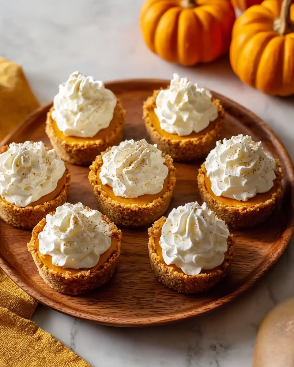 Seven mini pumpkin pies are arranged on a round wooden plate. Each mini pie has two layers: a golden brown crumbly crust forming the base, and a bright orange pumpkin filling just below a generous swirl of white whipped cream on top. The whipped cream looks soft and smooth with light brown specks sprinkled over it. The plate is set on a white marbled surface with two small orange pumpkins and a mustard yellow cloth nearby, adding autumn vibes. Photo taken with an iphone --ar 4:5 --v 7