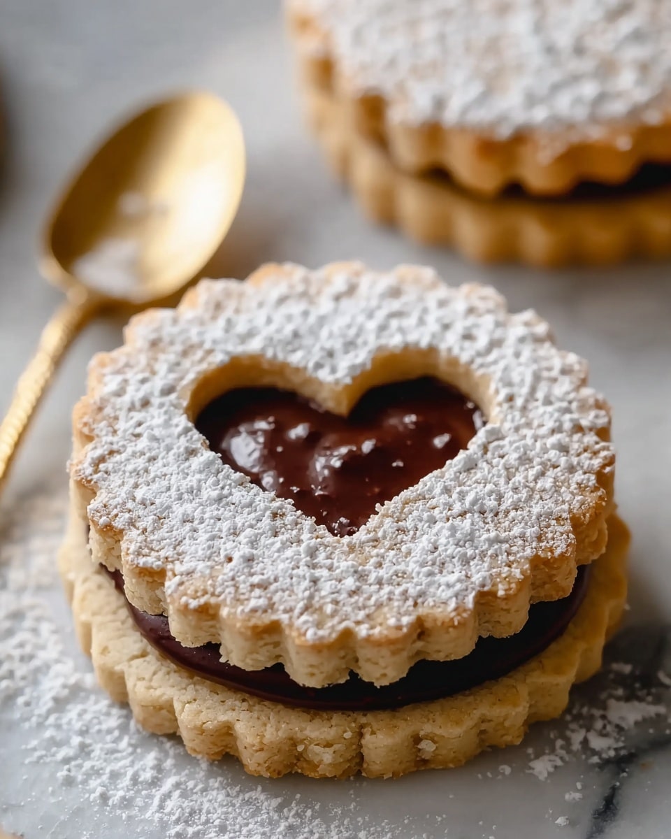 A close-up view of a two-layer round cookie with scalloped edges sitting on a white marbled texture. The bottom layer is a light beige, textured biscuit. The top layer is similar but has a heart-shaped cutout in the middle, revealing a smooth, glossy dark chocolate filling in the center. The top cookie is covered with a dusting of fine white powdered sugar, contrasting with the rich chocolate underneath. In the background, there is a blurred golden spoon and part of another cookie. photo taken with an iphone --ar 4:5 --v 7
