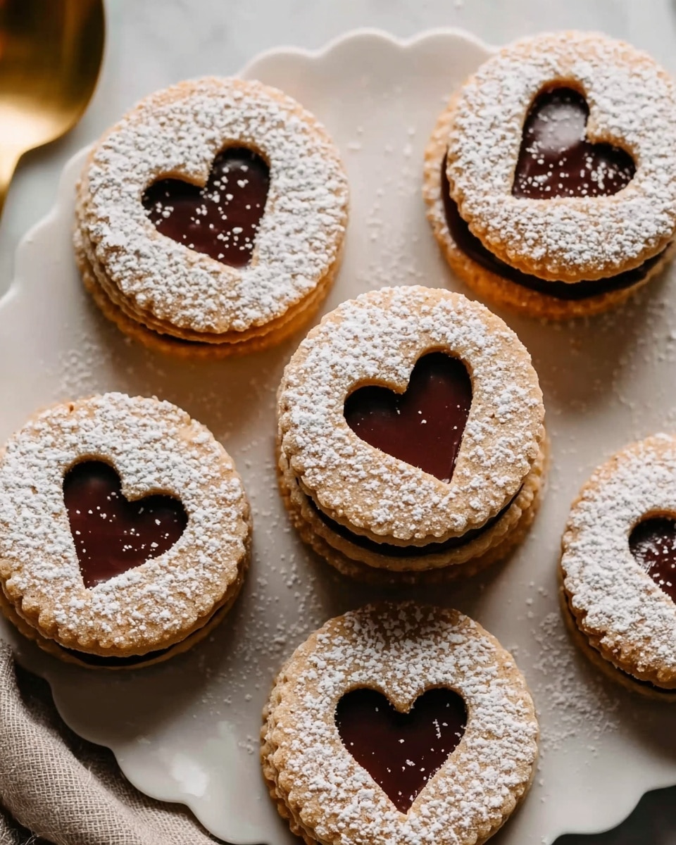 Six round sandwich cookies sit on a white plate with scalloped edges, arranged closely together on a white marbled surface. Each cookie has two golden brown, textured layers with a smooth dark chocolate filling in the middle. The top cookie layer is dusted with powdered sugar and has a heart-shaped cutout through which the glossy chocolate filling shows clearly. Granules of powdered sugar are scattered lightly on the plate. A gold spoon rests partially visible next to the plate, along with a beige textured cloth nearby. Photo taken with an iphone --ar 4:5 --v 7