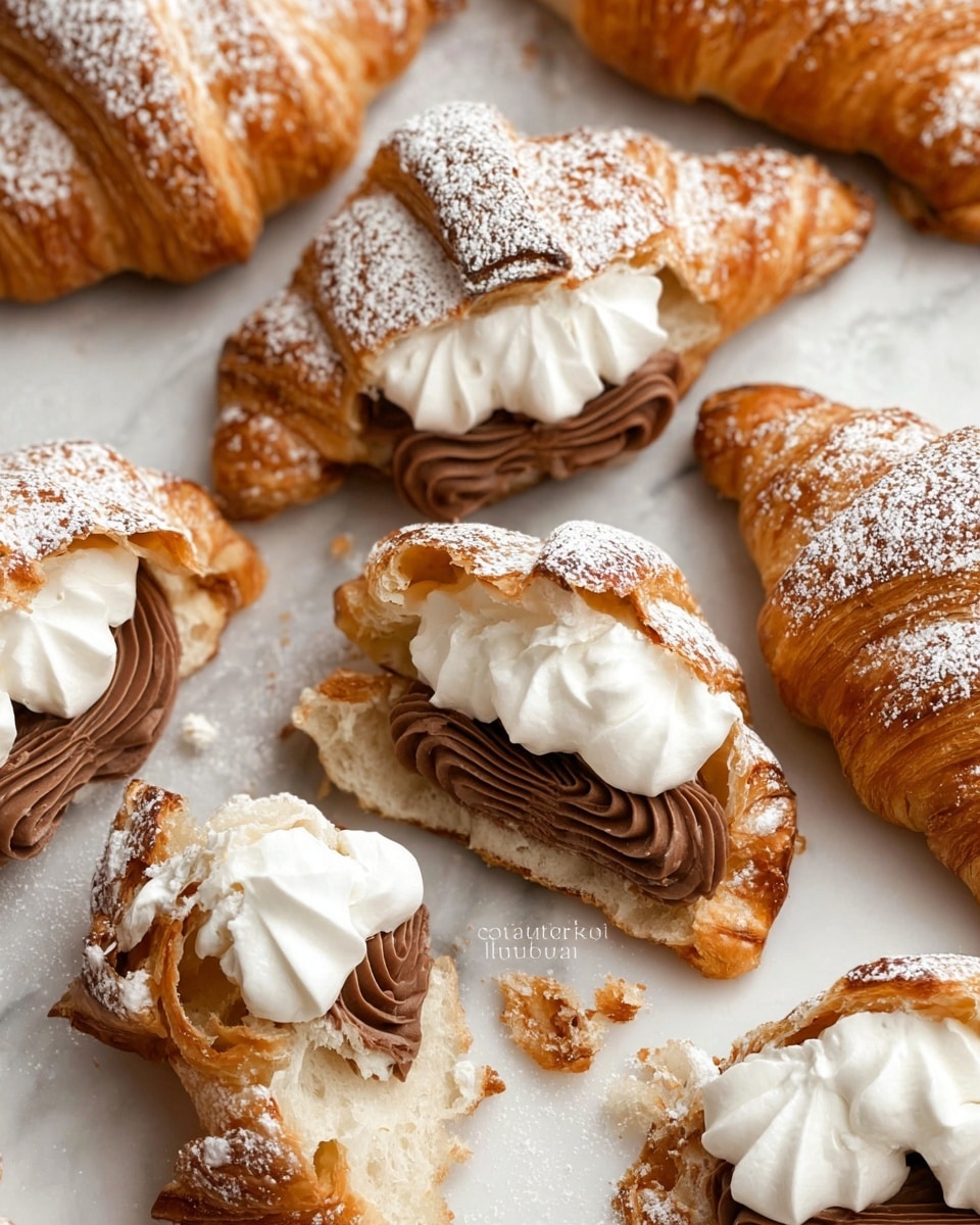 The image shows several crescent-shaped croissants arranged on a white marbled surface, each dusted lightly with powdered sugar. Each croissant is split horizontally, revealing two distinct layers of filling inside: a bottom layer of smooth, dark brown chocolate cream with a textured swirl pattern and a top layer of fluffy white whipped cream in soft dollops. The golden-brown croissant pastry is flaky with visible crisp edges and curved tips, some pieces showing crumbs and flake fragments scattered around. One croissant is partially bitten, exposing the creamy fillings oozing out slightly onto the surface. photo taken with an iphone --ar 4:5 --v 7