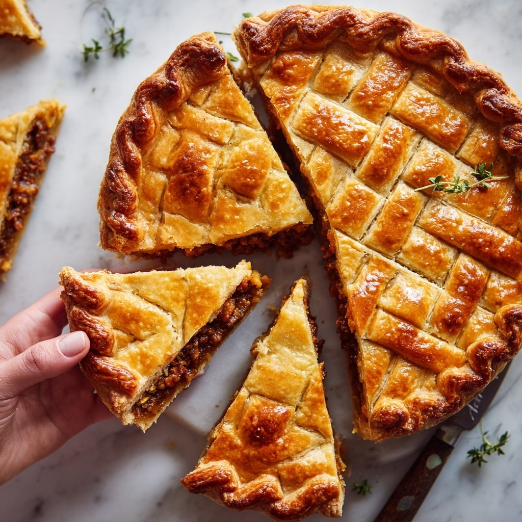 The image shows a sliced savory pie with a golden, flaky crust that has a light shine and a crisscross pattern on top. The pie is filled with a rich, dark orange-brown filling that looks thick and textured, with visible small bits inside. The slices are arranged on a white marbled surface with a knife beside them, and small green herb sprigs are scattered around, adding a fresh touch. A woman's hand gently holds one slice, lifting it slightly. Photo taken with an iphone --ar 4:5 --v 7