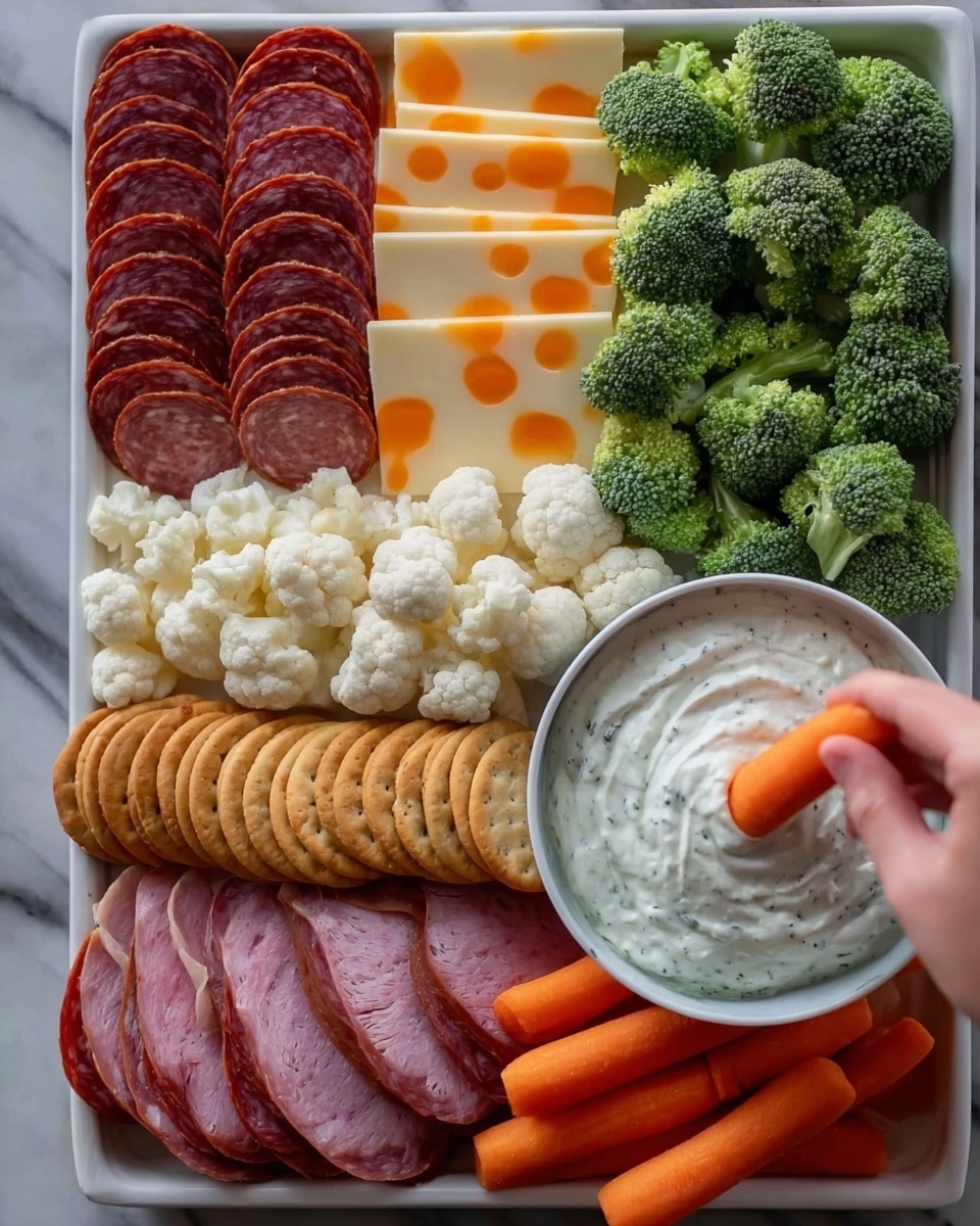 A white tray holds a colorful snack platter with layers arranged neatly; at the top left, rows of sliced dark red salami; next to it, two rows of pale yellow and white cheese slices with orange spots; on the right side, bright green broccoli cut into small florets covers the corner; in the center right, a white bowl filled with creamy herb dip sits on top of the vegetables, with a woman's hand dipping a bright orange baby carrot into the dip; below the bowl, white cauliflower florets fill the corner; at the bottom left, a row of pinkish-red folded cured meat slices; just above them, a curved line of light brown round crackers; at the bottom center, more slices of dark red salami stacked beside a pile of orange baby carrots; the whole arrangement rests on a white marbled surface; photo taken with an iphone --ar 4:5 --v 7