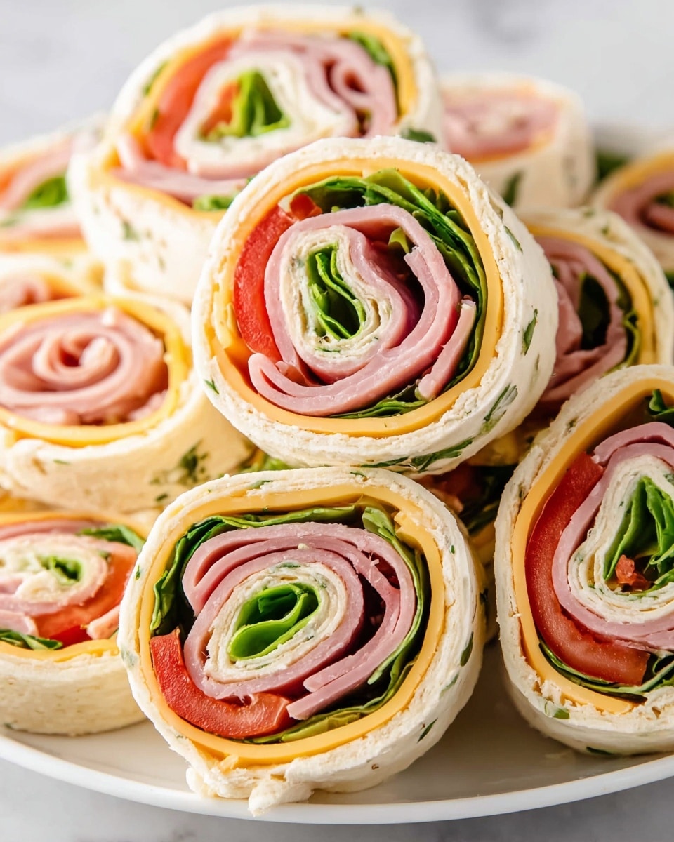 A close-up view of several rolled pinwheel sandwiches stacked together on a white plate, each pinwheel showing distinct layers. Starting from the outside, there is a creamy white flatbread wrap with herbs, followed by a thin pink layer of sliced deli ham, then a bright red tomato slice, a crisp green leafy lettuce layer, and a light yellow cheese layer towards the center. The texture of the wrap is soft with visible herbs, the meat is smooth, the tomato looks fresh and juicy, the lettuce is crisp, and the cheese has a firm yet smooth look. The rolls are tightly packed and the colors are bright and fresh, with one sandwich centered in the foreground. The surface below is a white marbled texture. Photo taken with an iphone --ar 4:5 --v 7