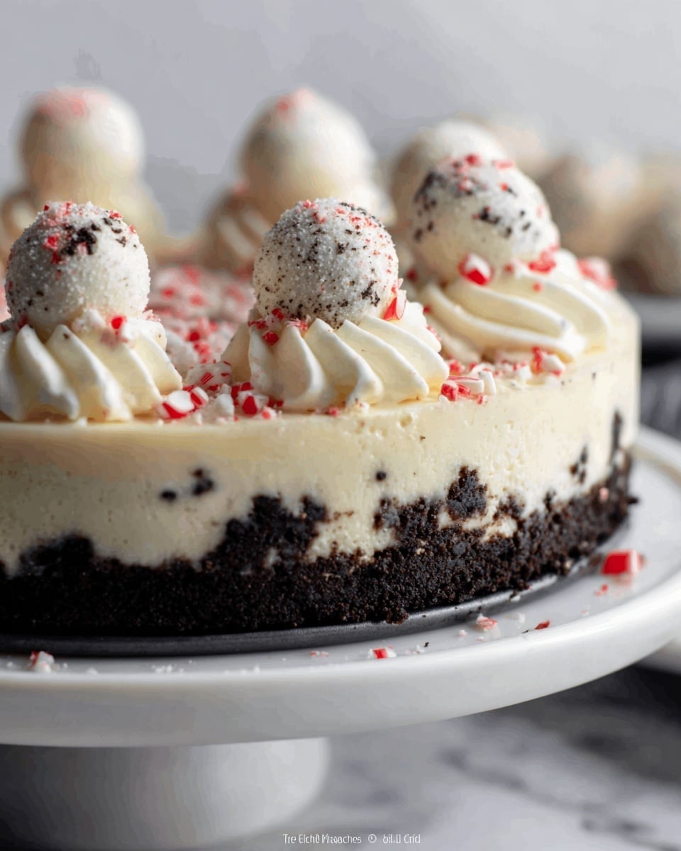 A close-up of a round tart with three visible layers: the bottom layer is dark and crumbly like crushed cookies, the middle layer is creamy and off-white, and the top layer is thick white cream swirled into small peaks. Each peak is topped with a white round candy dusted with a powdery coating and sprinkled with small red and white crushed pieces. The tart sits on a white plate on a white marbled surface, with a soft blurred background. Photo taken with an iphone --ar 4:5 --v 7